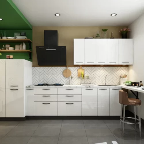 Straight kitchen with pure white and herringbone dado tiles