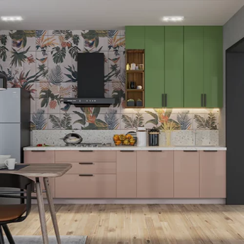 Straight kitchen with pastel green and beige shades and tropical dado tiles